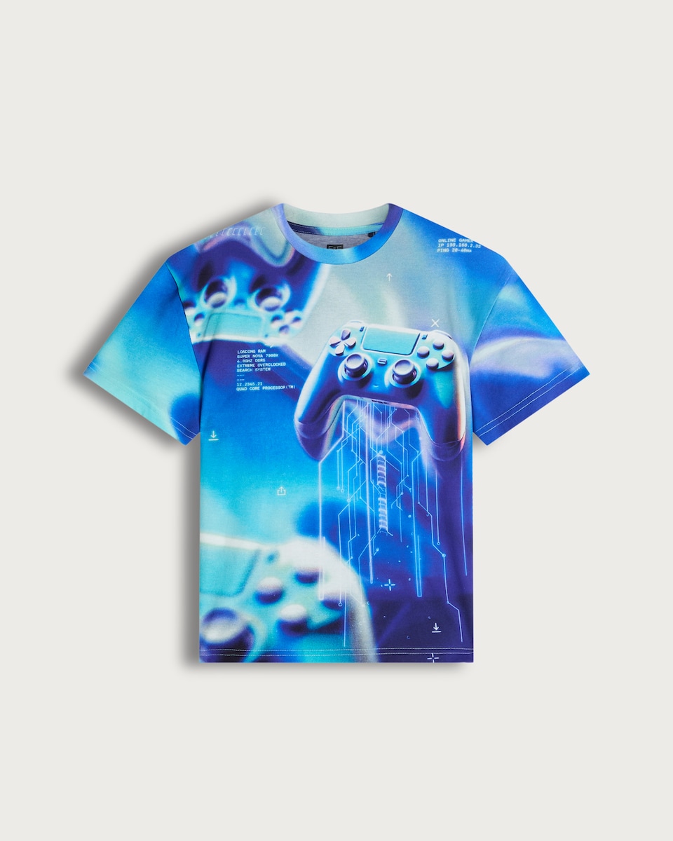 F&F Boys Pure Cotton Gaming Controller Print T-Shirt in Blue