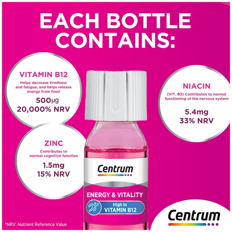 image 1 of Centrum Energy & Vitality Raspberry Flavour Liquid Shots 15x7ml