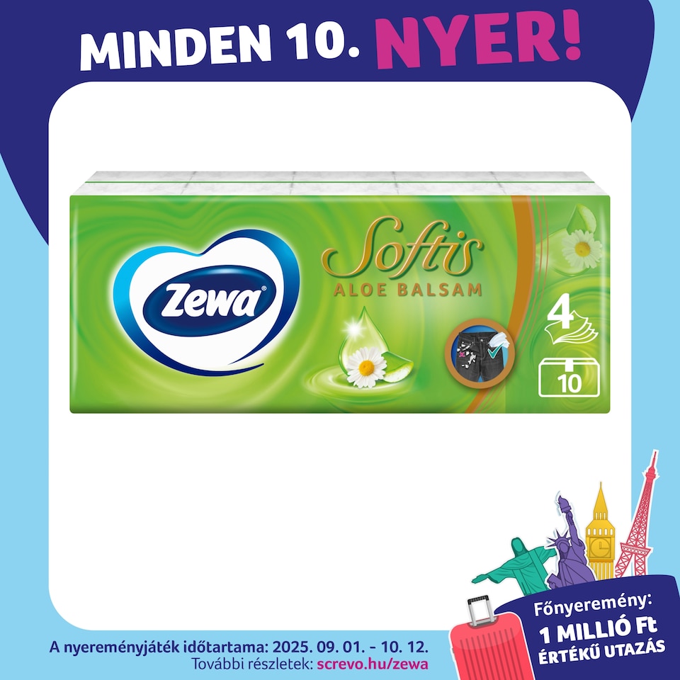 Zewa Softis Aloe Balsam illatosított papír zsebkendő 4 rétegű 10 x 9 db  1. kép