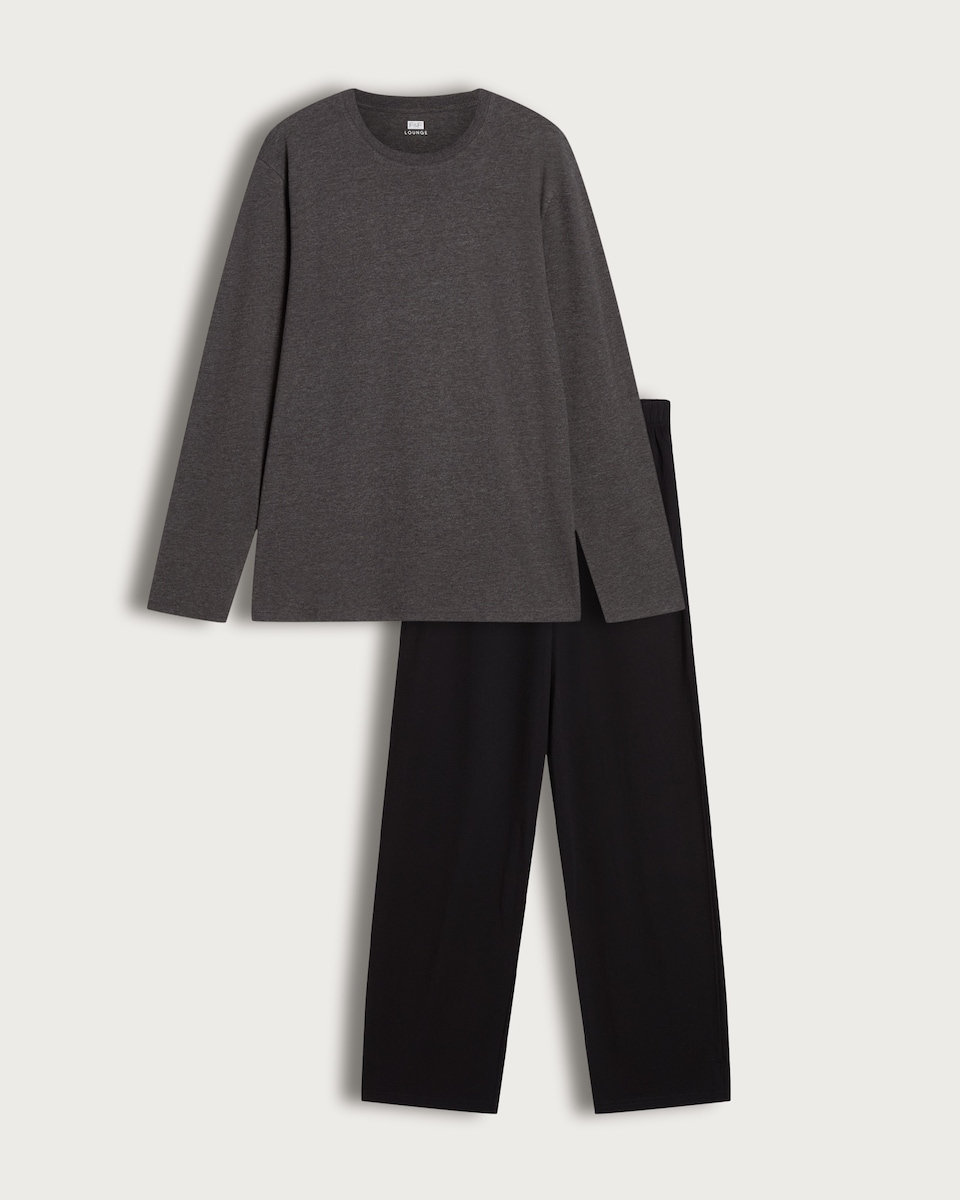 image 1 of F&F Cotton Rich Long Sleeved Top and Trousers Pyjama Set in Grey