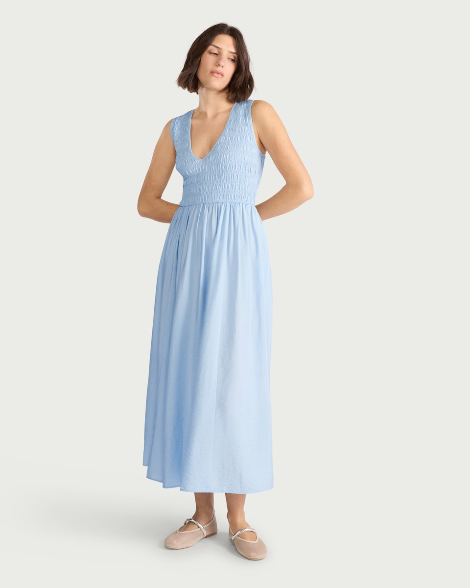 image 1 of F&F Shirred V Neck Midi Dress in Blue