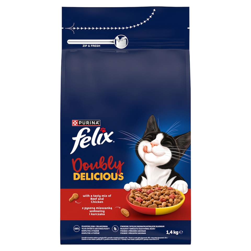 Purina Felix Doubly Delicious marha és csirke keverékével, céklával száraz macskaeledel 1,4 kg