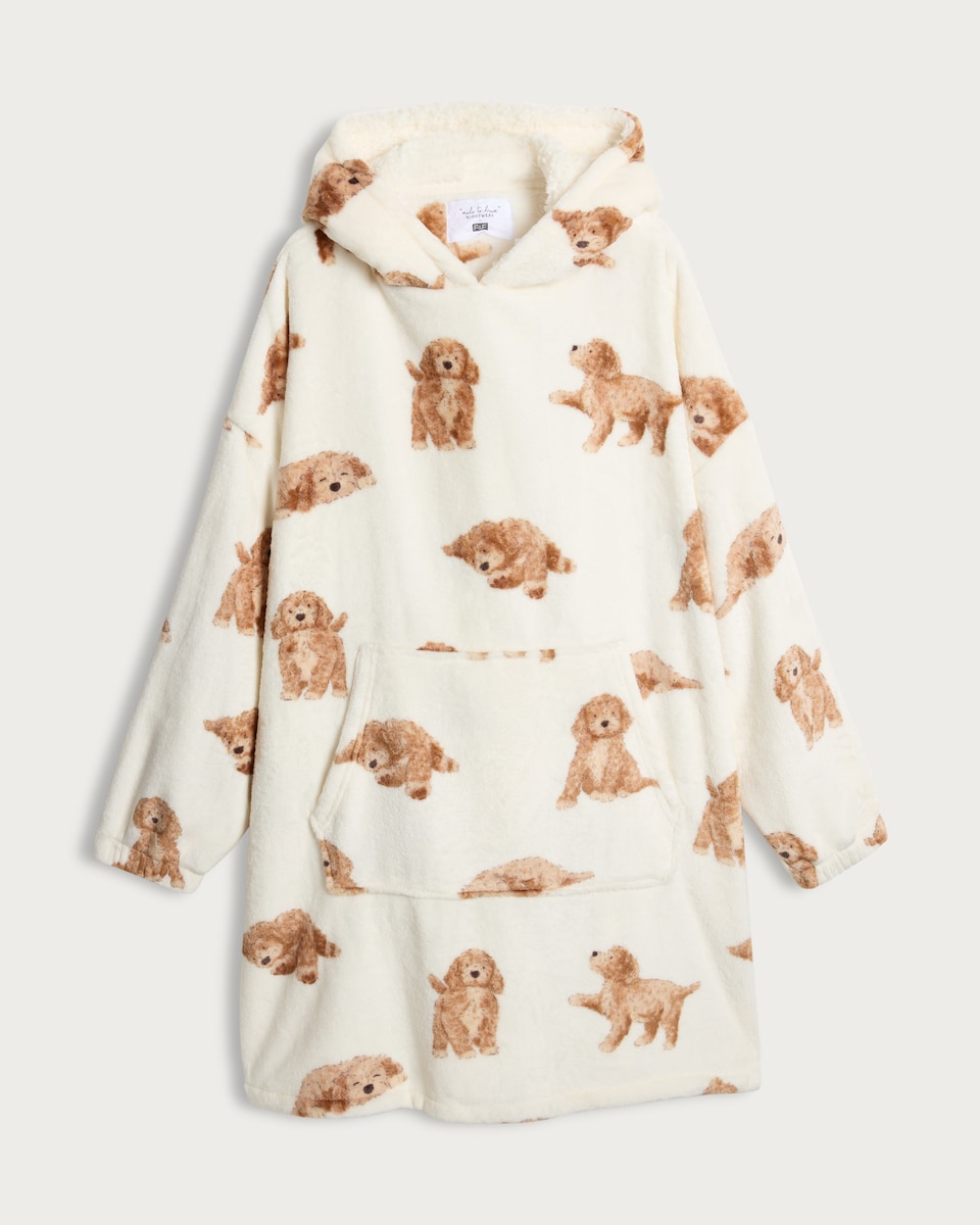 image 1 of F&F Curtis The Dog Fleece Curtis Dog Print Pyjama Hoodie in Cream