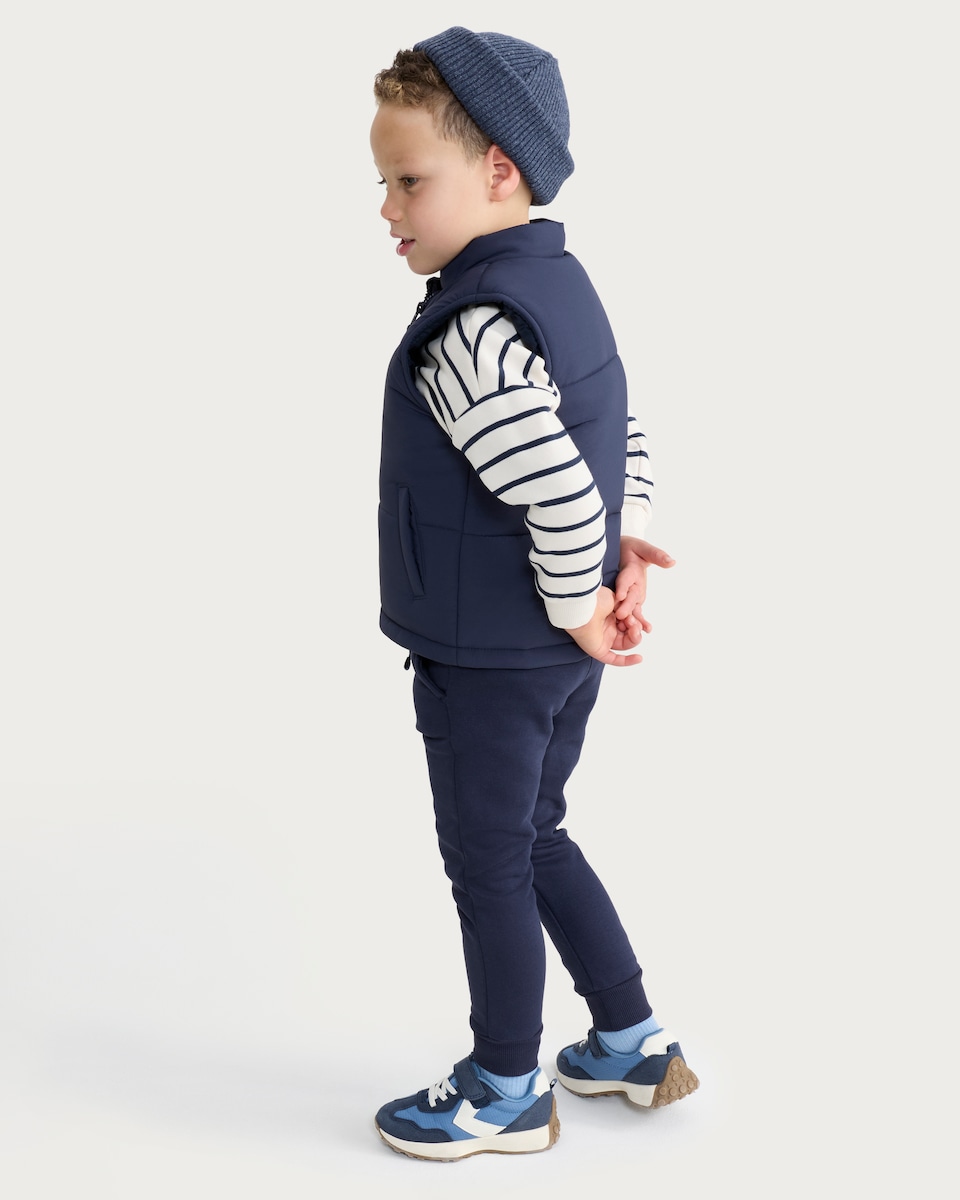 image 1 of F&F Boys 3-Piece Padded Gilet, Sweatshirt and Joggers Set in Navy