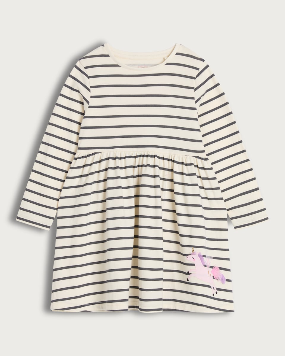 F&F Girls Pure Cotton Unicorn Stripe Print Dress in Multi