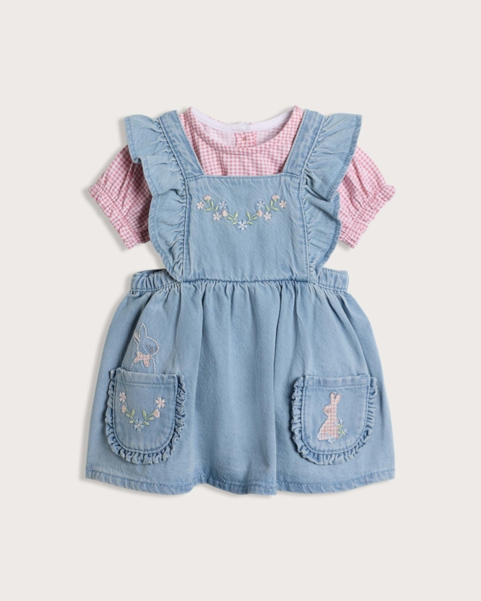 F&F Baby Pure Cotton Embroidered Bunny Pinafore Set in Pink