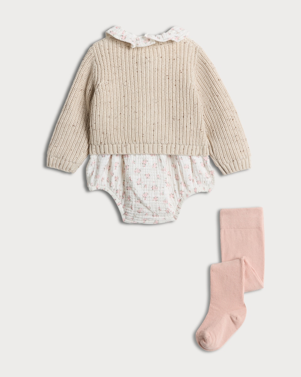 image 1 of F&F Baby 3-Piece Floral Romper, Cardigan and Tights Set in Pink