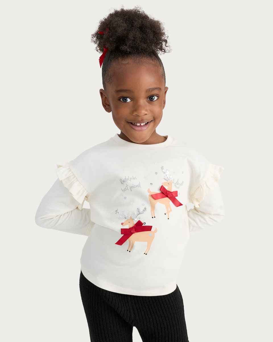 image 1 of F&F Girls Pure Cotton Rudolph’s Best Friend Long Sleeved Top in Cream