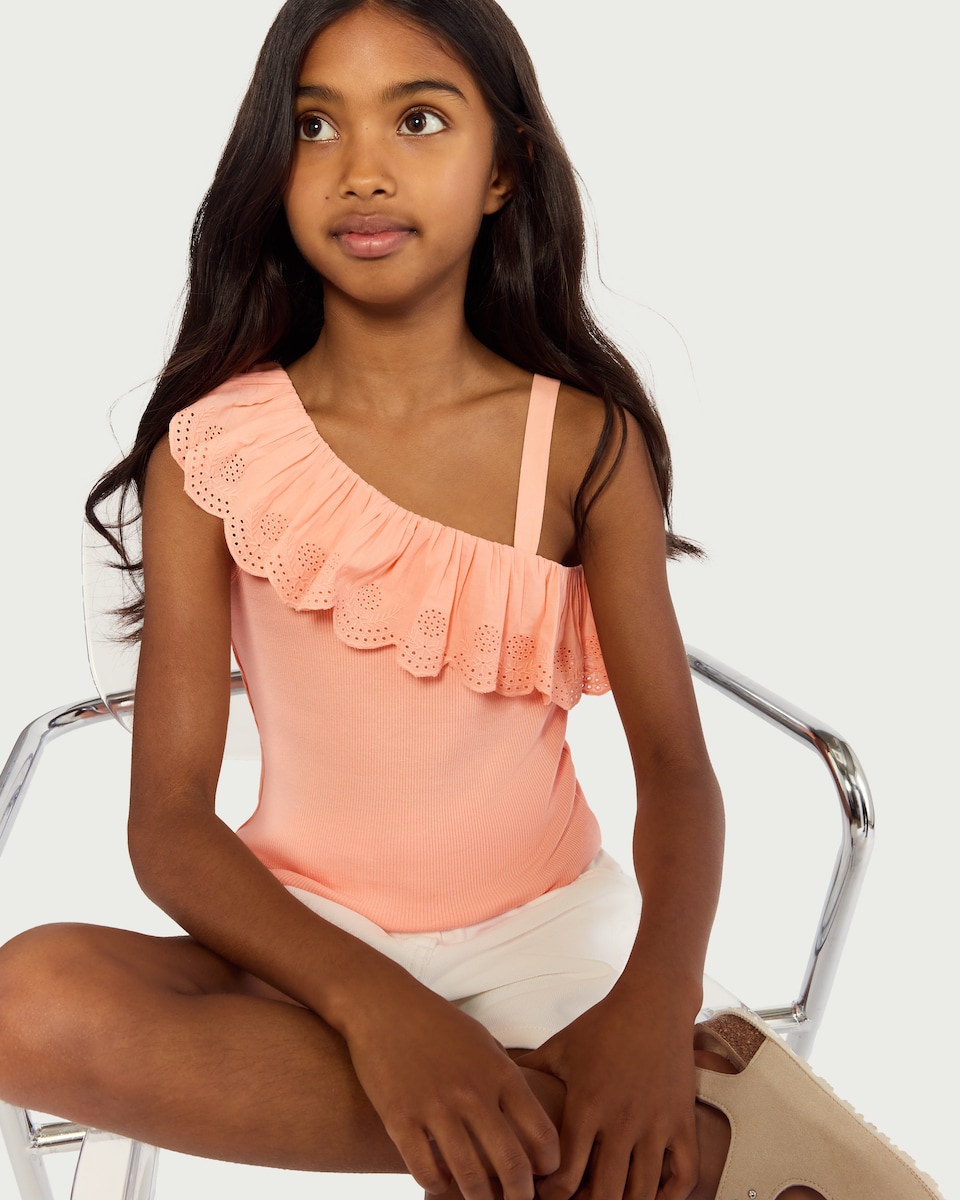 image 1 of F&F Girls Cotton Rich One Shoulder Top in Coral