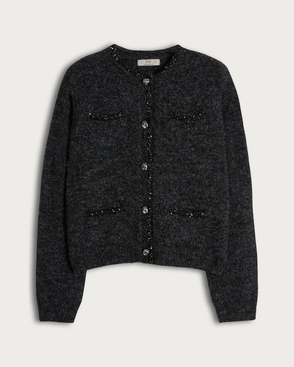 image 1 of F&F Diamanté Embellished Button Up Cardigan with Wool in Grey