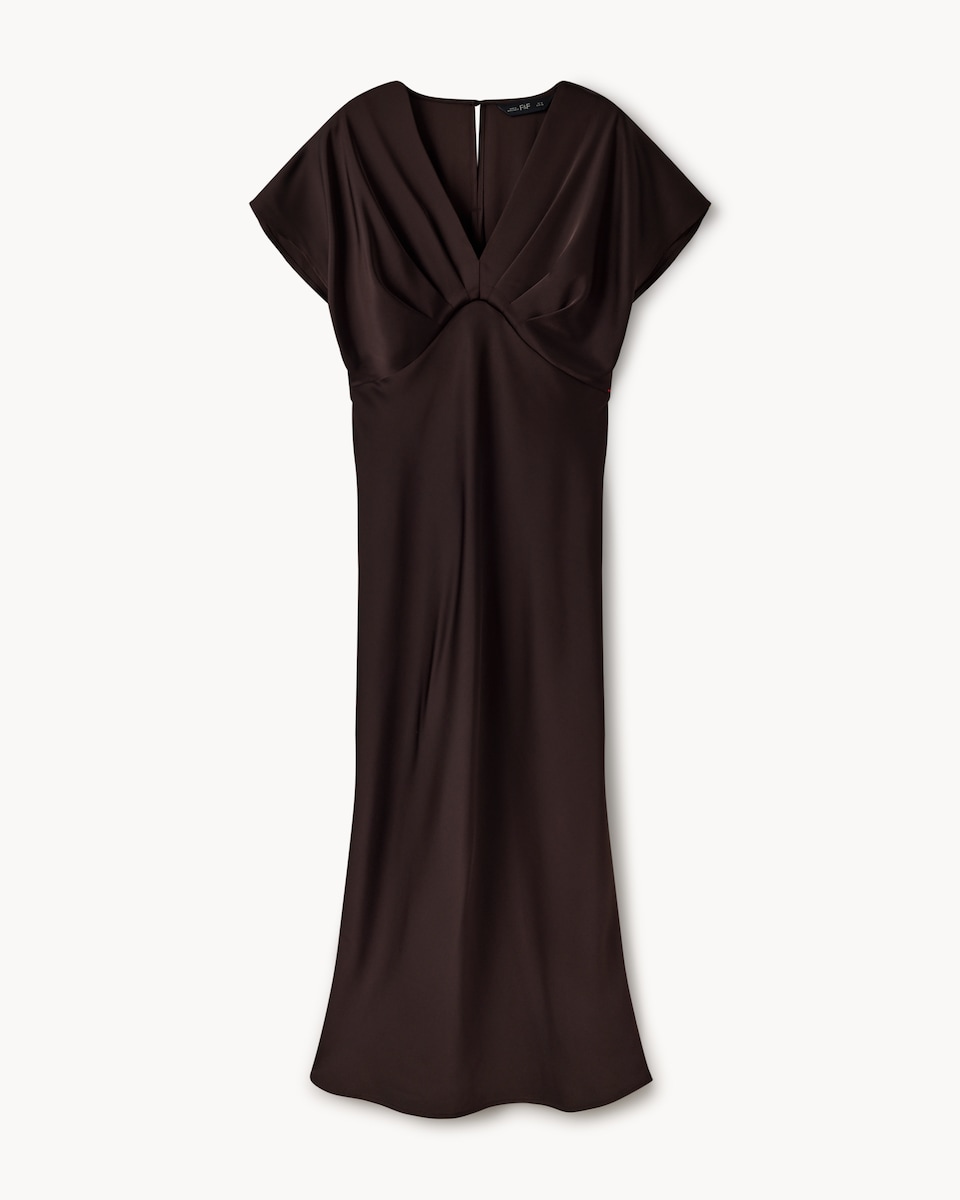 image 1 of F&F Satin V Neck Midi Dress in Brown
