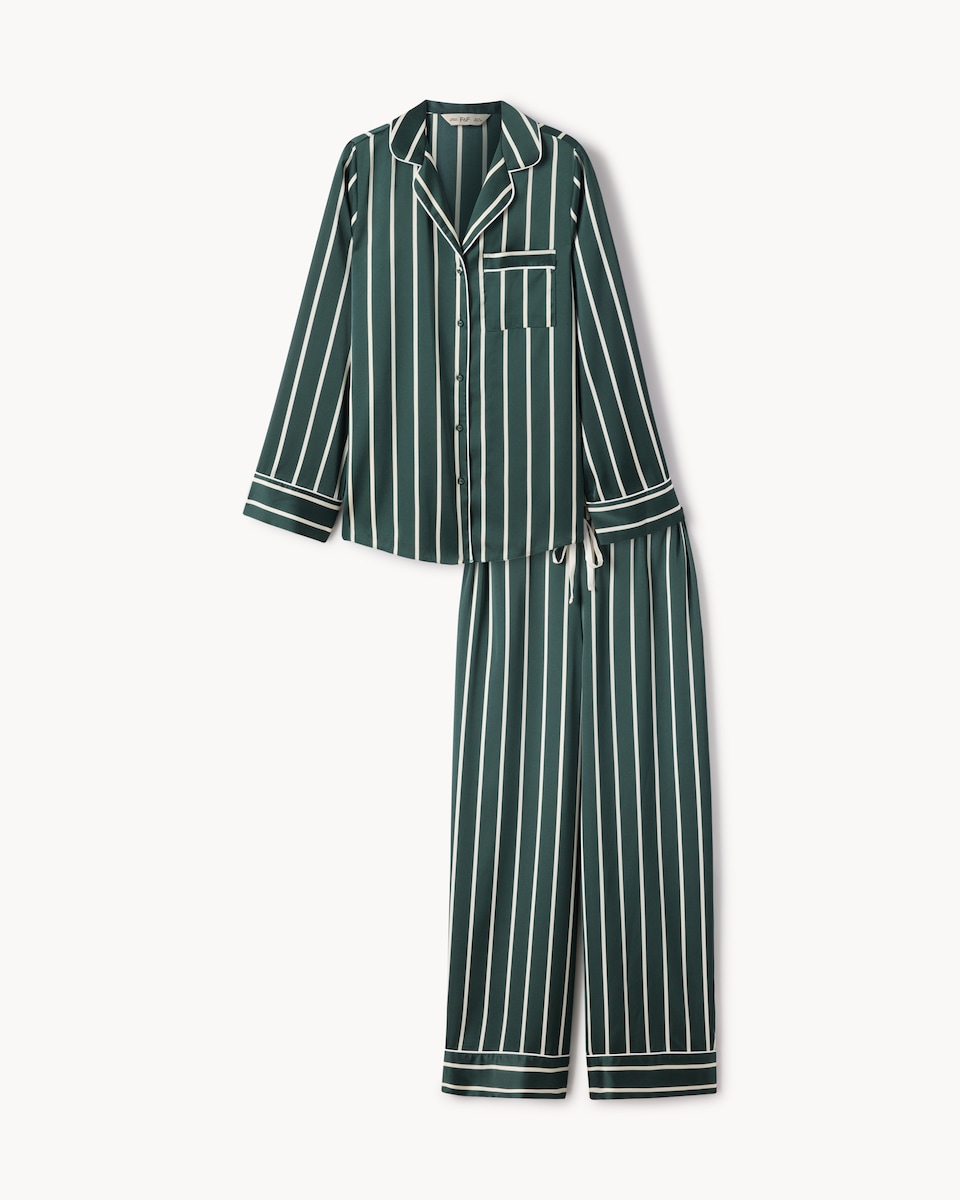 image 1 of F&F CoolEase™ Satin Striped Revere Pyjama Set in Multi Green