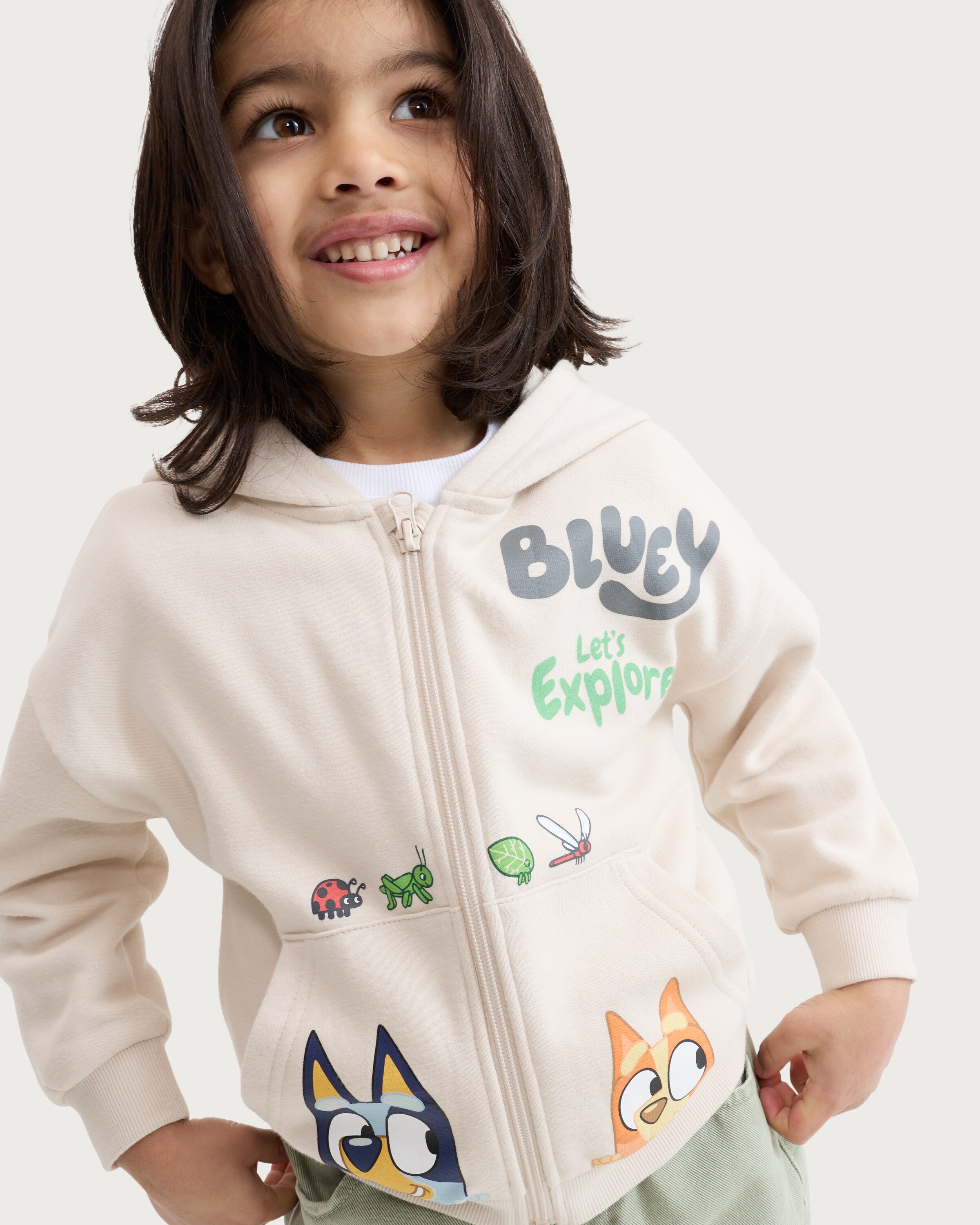 Bluey Cotton Rich Let's Explore Zip Up Oversized Fit Hoodie in Cream