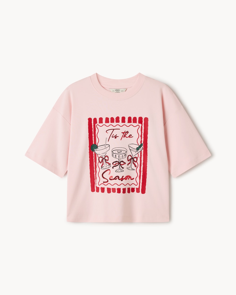 image 1 of Christmas Pure Cotton Sequin T-Shirt in Pink