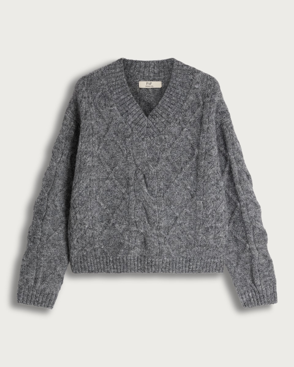 image 1 of F&F Cable Knit V Neck Jumper with Wool in Grey