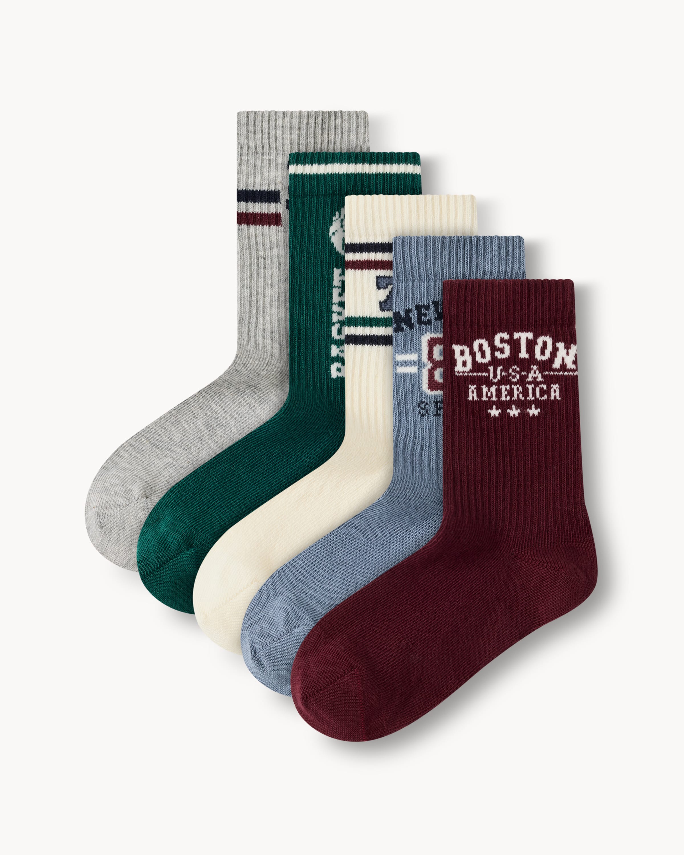 F&F Boys 5-Pack Cotton Rich Ribbed Varsity Ankle Socks in Multi, 12.5-3 EU 31-36