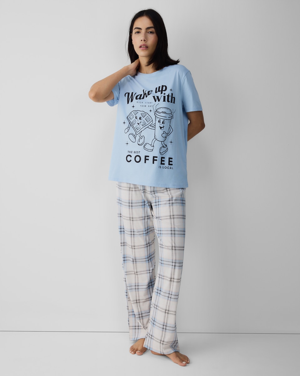 image 1 of F&F Pure Cotton Coffee Print Pyjama Set in Multi Blue