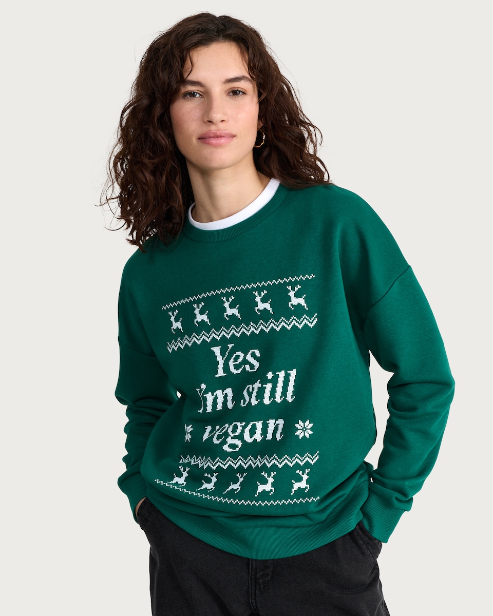 image 1 of F&F Cotton Rich Yes I'm Still Vegan Slogan Christmas Sweatshirt in Green