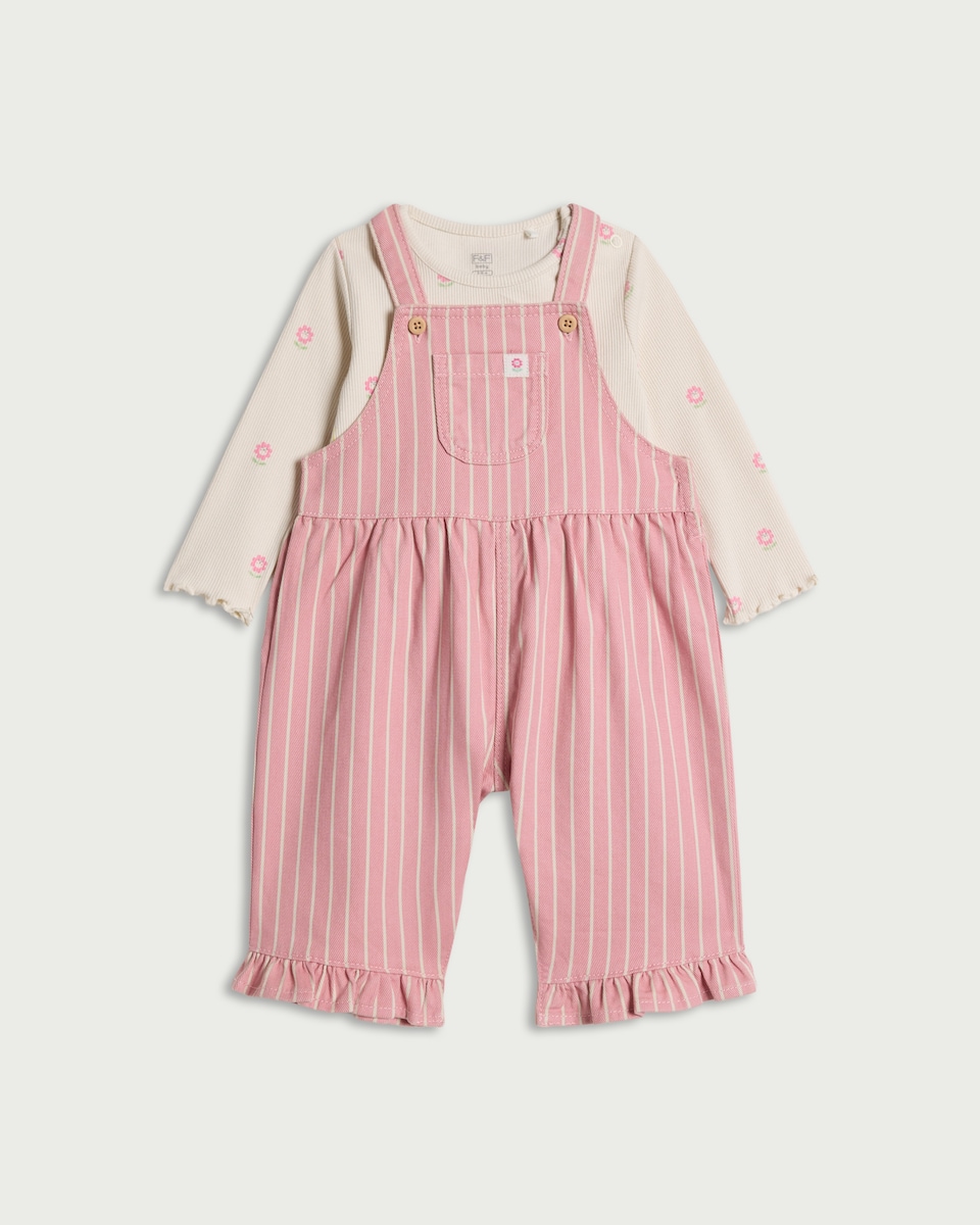 image 1 of F&F Baby 2-Piece Floral Bodysuit and Striped Dungaree Set in Pink