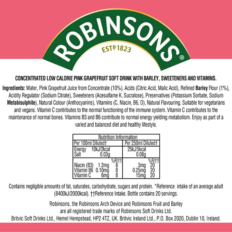 image 1 of Robinsons Fruit & Barley with Vitamins Pink Grapefruit Squash 1L