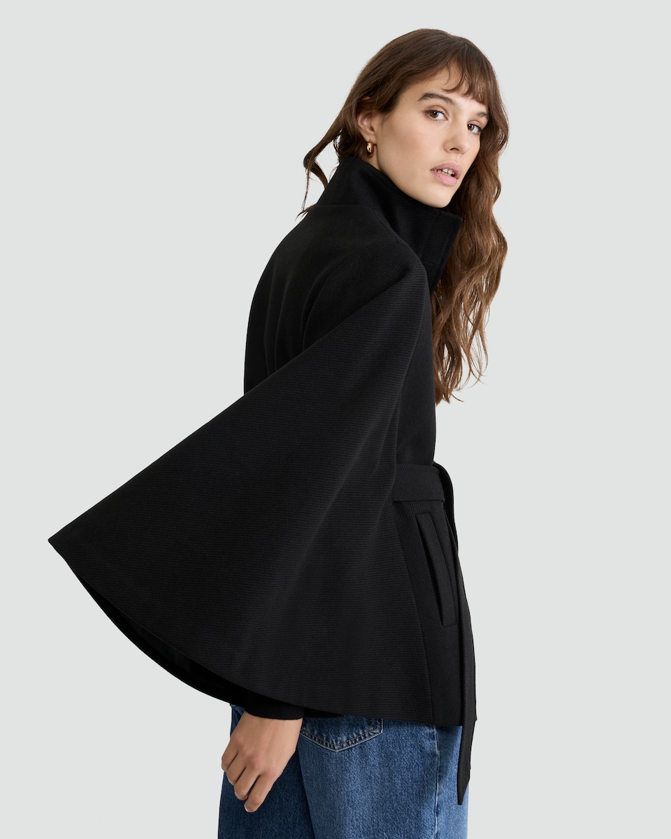 image 1 of F&F Belted High Neck Cape Coat in Black