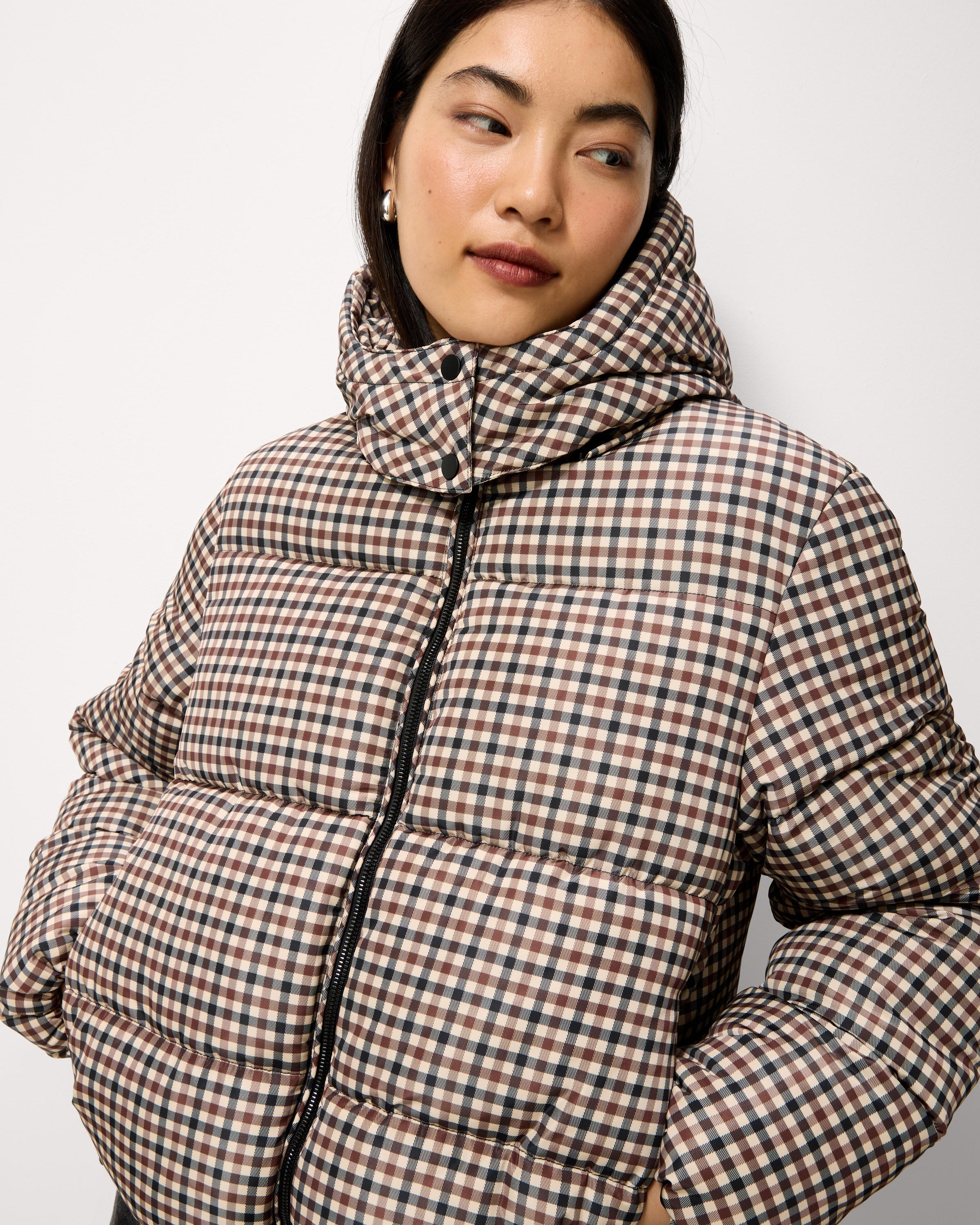 F&F Check Padded Zip Up Coat in Multi Brown