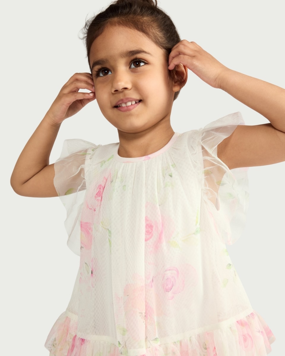 image 1 of F&F Girls Floral Ruffle Sleeved Dress in White