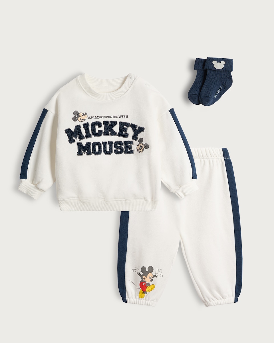 image 1 of Disney Mickey Mouse 3-Piece Cotton Rich Sweatshirt, Joggers and Socks Set in White
