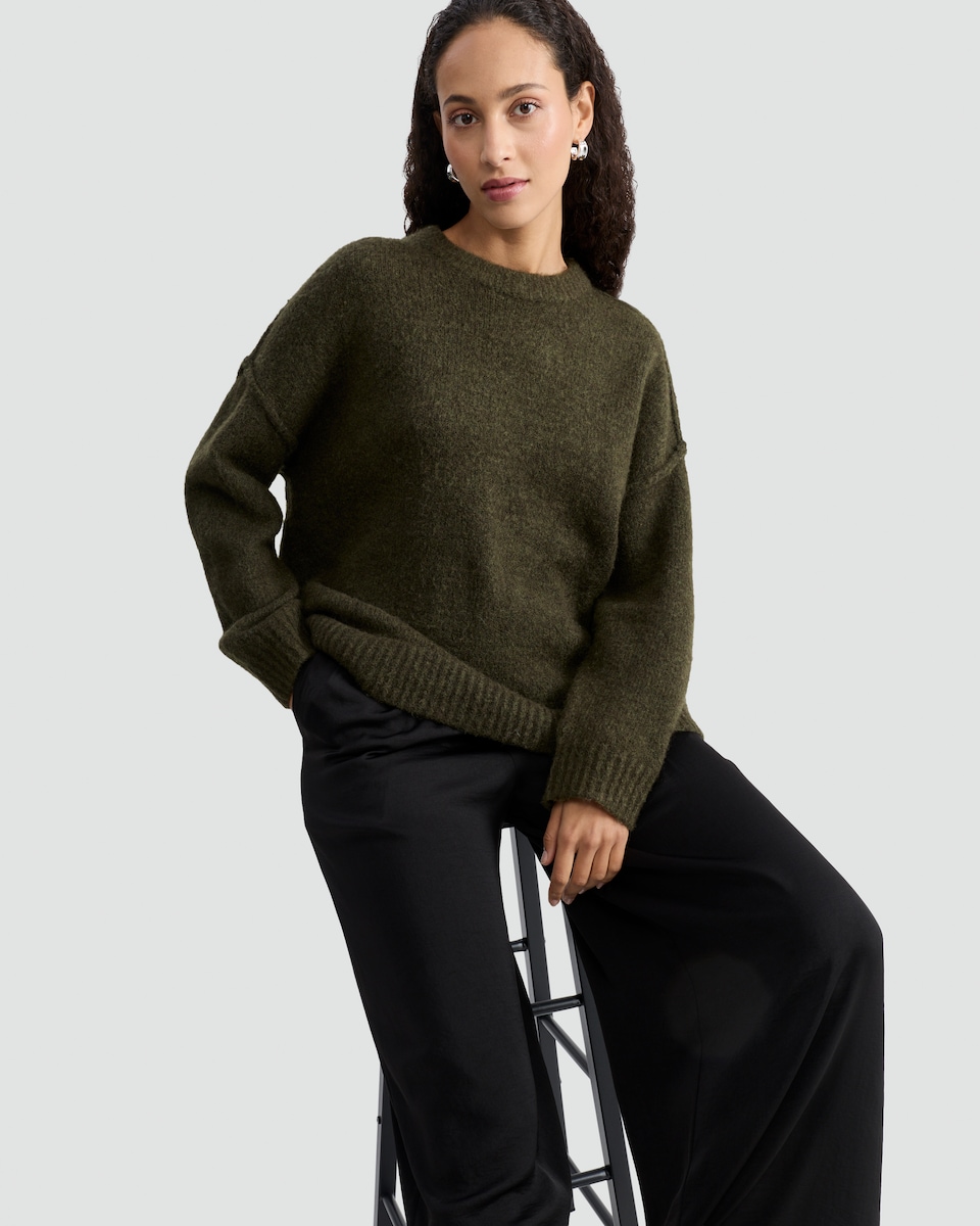 image 1 of F&F Ribbed Crew Neck Jumper with Wool in Khaki