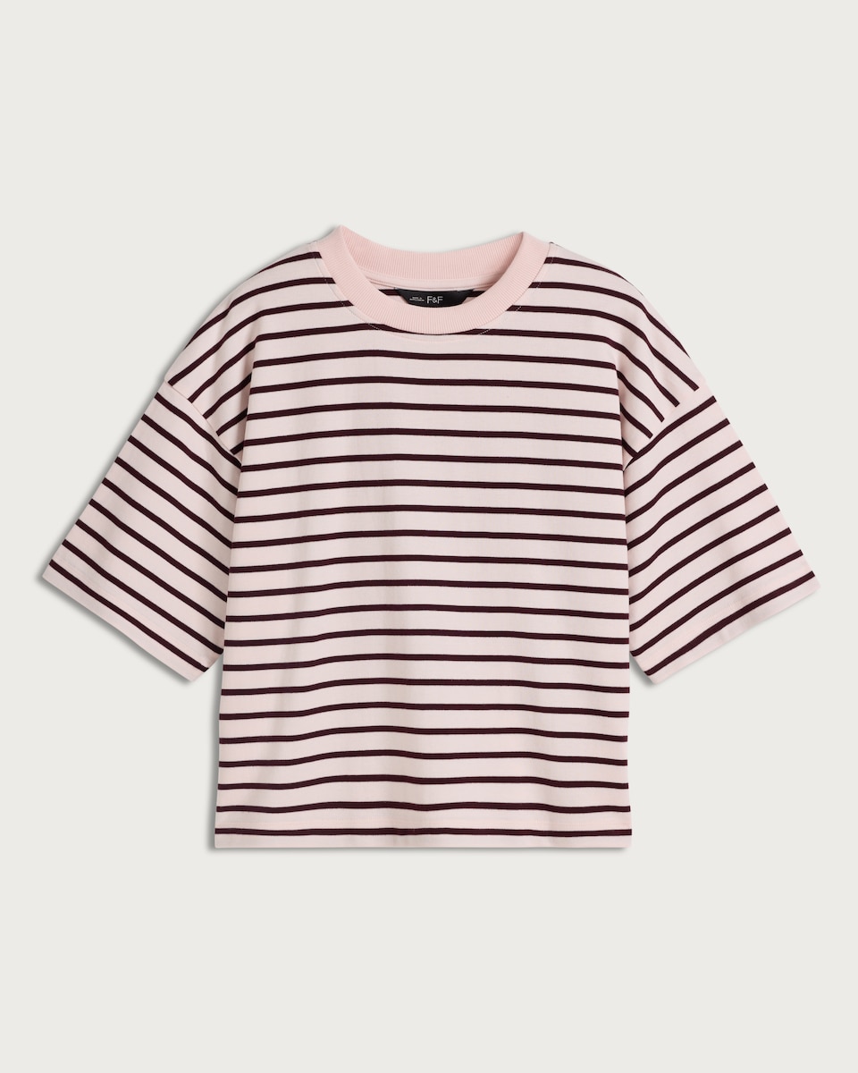 image 1 of F&F Pure Cotton Stripe Print Boxy Fit T-Shirt in Multi Pink