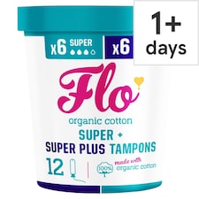 Flo Organic Cotton Applicator Tampon Combo Pack (6 Super + 6 Super Plus tampons)
