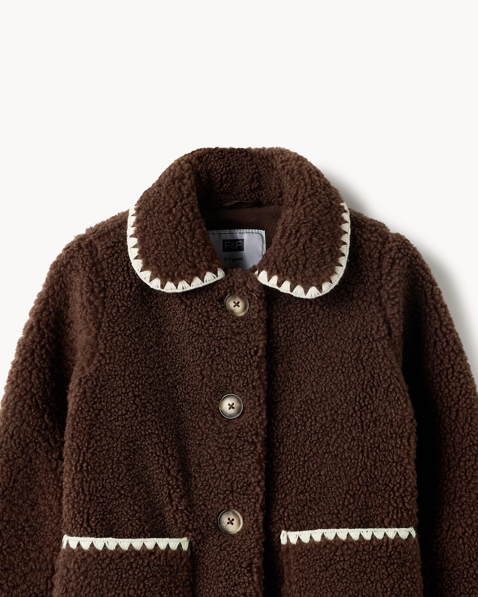 image 1 of F&F Girls Borg Button Up Coat in Brown