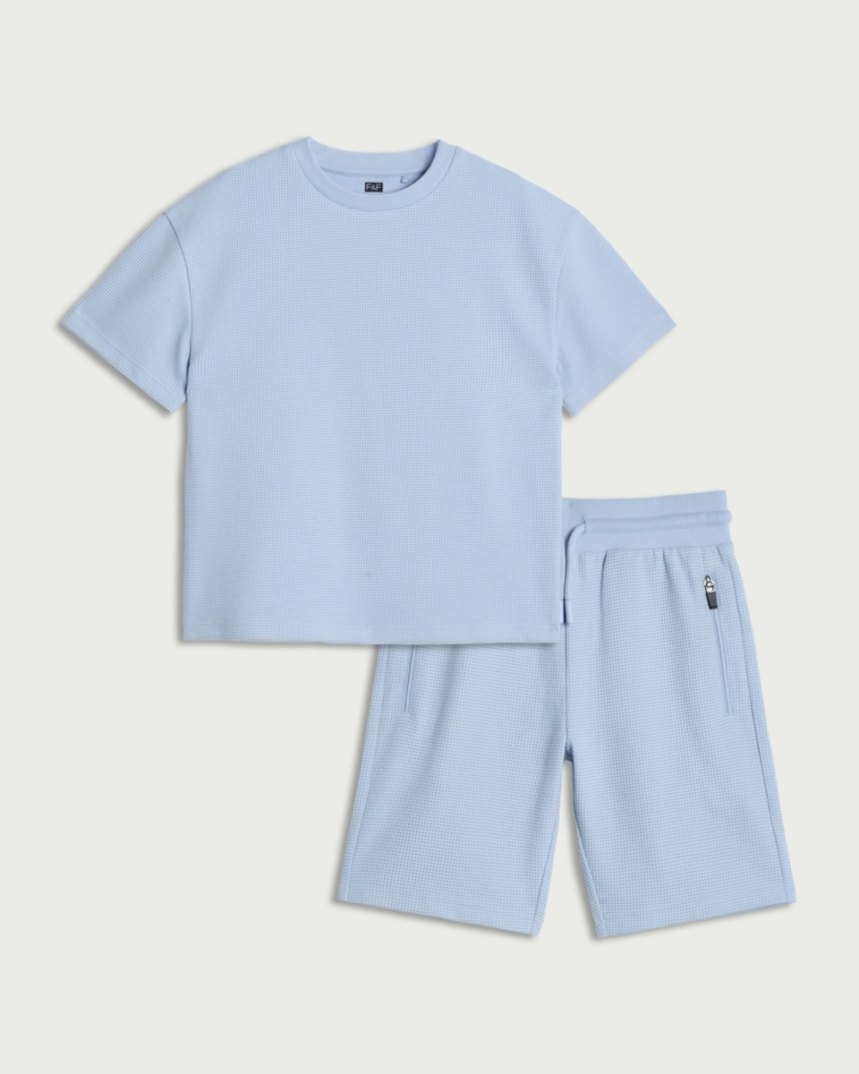 image 1 of F&F Boys 2-Piece Waffle Textured T-Shirt and Shorts Set in Blue