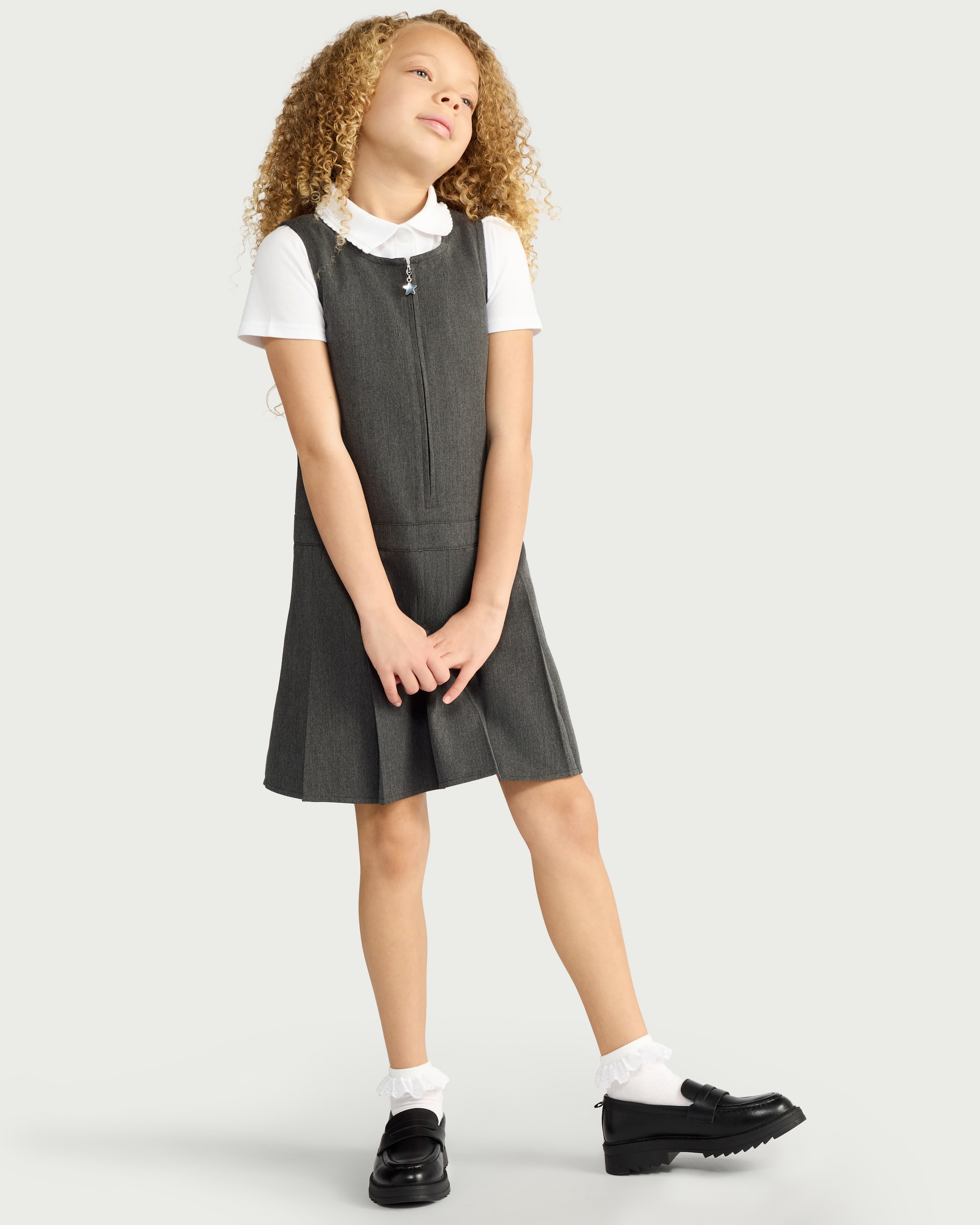 F&F School Girls 2-Pack Regular Fit Pleated Pinafore Dresses in Grey