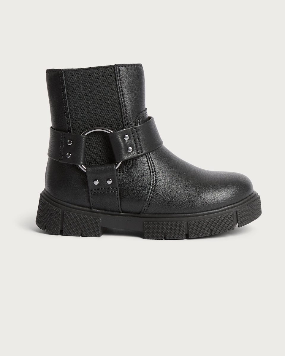 image 1 of F&F Girls Strap Buckle Detail Chunky Ankle Boots in Black