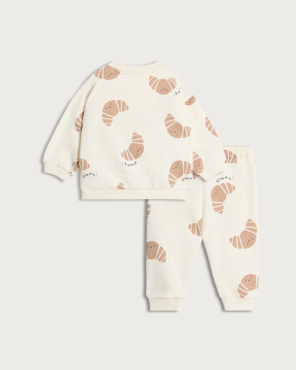 image 1 of F&F Baby 2-Piece Cotton Rich Croissant Print Sweatshirt and Joggers in Cream
