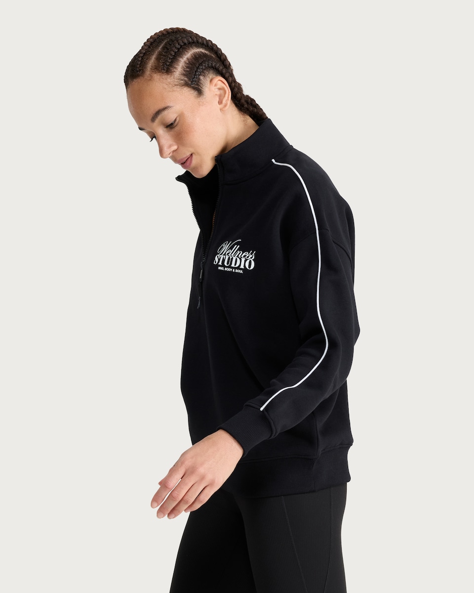 image 1 of F&F Active AFTERCLASS Slogan Half Zip Sweatshirt in Black