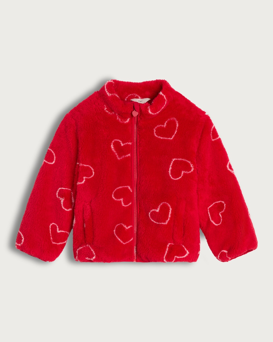 F&F Girls Fleece Heart Print Zip Up Jacket in Red
