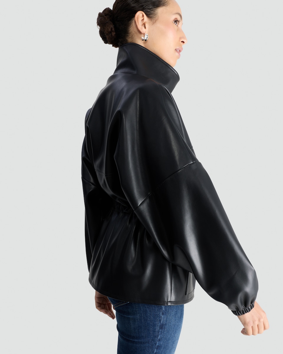 image 1 of F&F Faux Leather High Neck Cinched Waist Jacket in Black