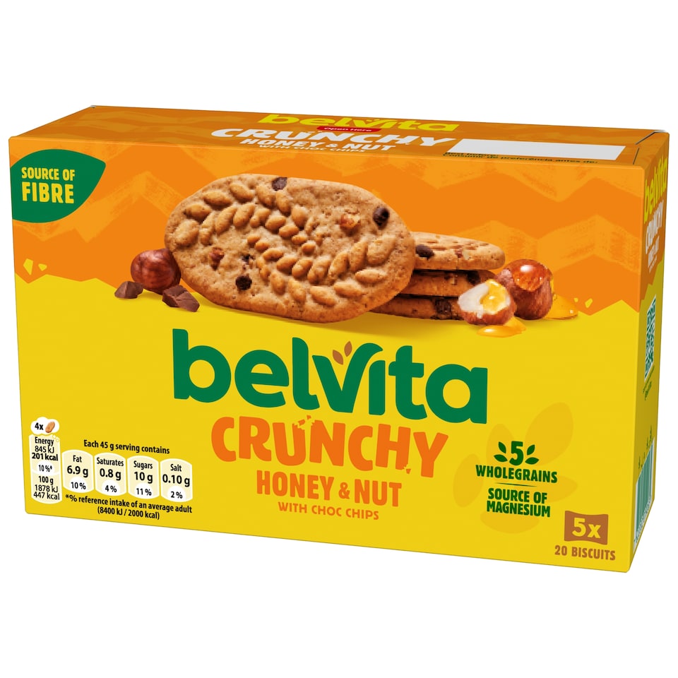 image 1 of Belvita Breakfast Honey & Nut with Chocolate Chip Cereal Biscuit Snack Bars Pack 5 x 45g
