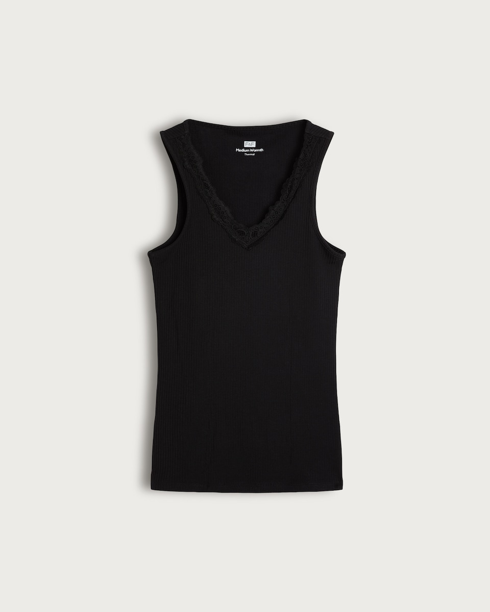 F&F Soft Touch Ribbed Lace Trim Thermal Cami Top in Black