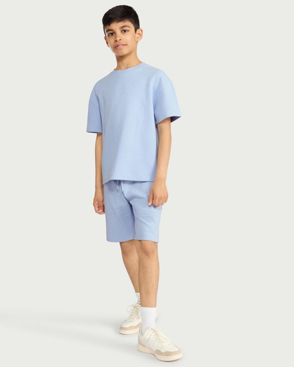 image 1 of F&F Boys 2-Piece Waffle Textured T-Shirt and Shorts Set in Blue