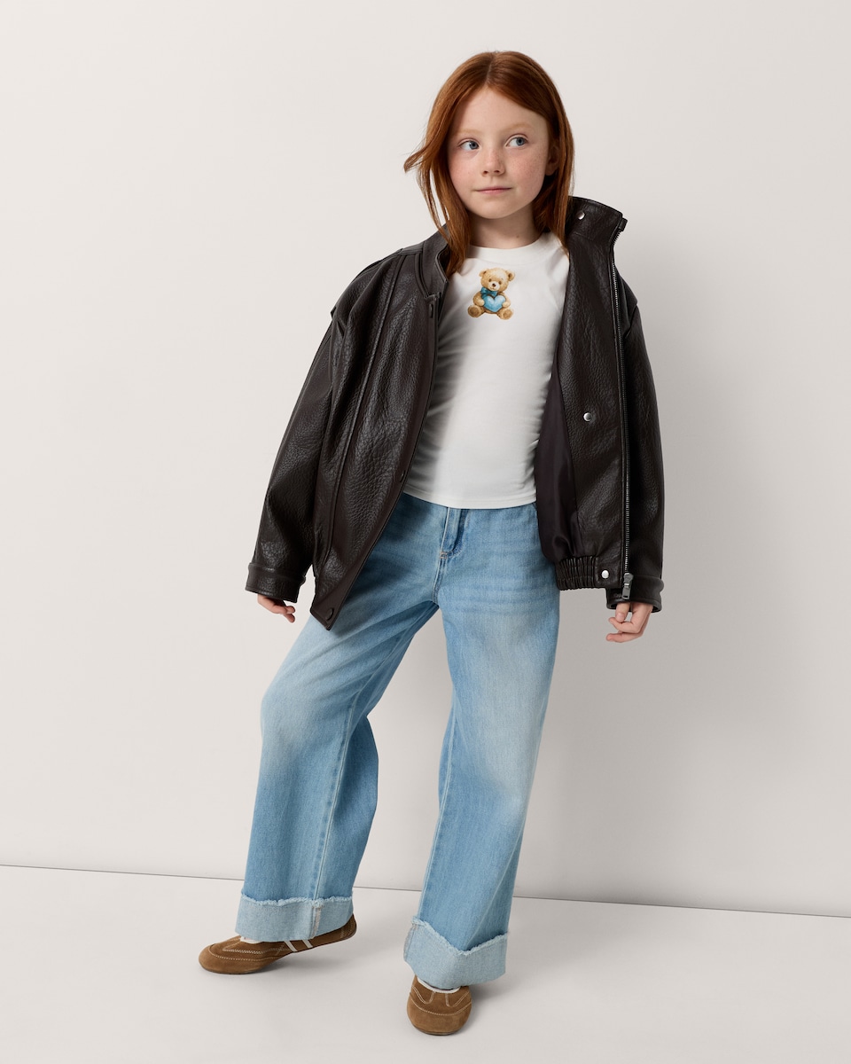 image 1 of F&F Girls Cotton Rich Teddy Bear Ruched Sides Top in White