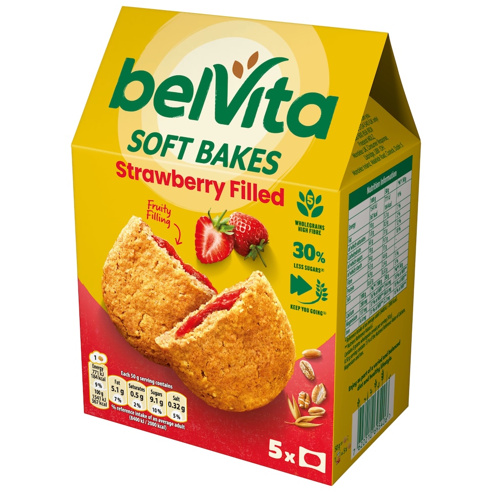 image 1 of Belvita Breakfast Soft Bakes Strawberry Filled Cereal Snack Bars Pack 5 x 50g