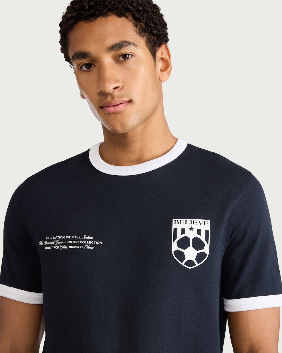 image 1 of F&F Pure Cotton Believe Football Print T-shirt in Navy