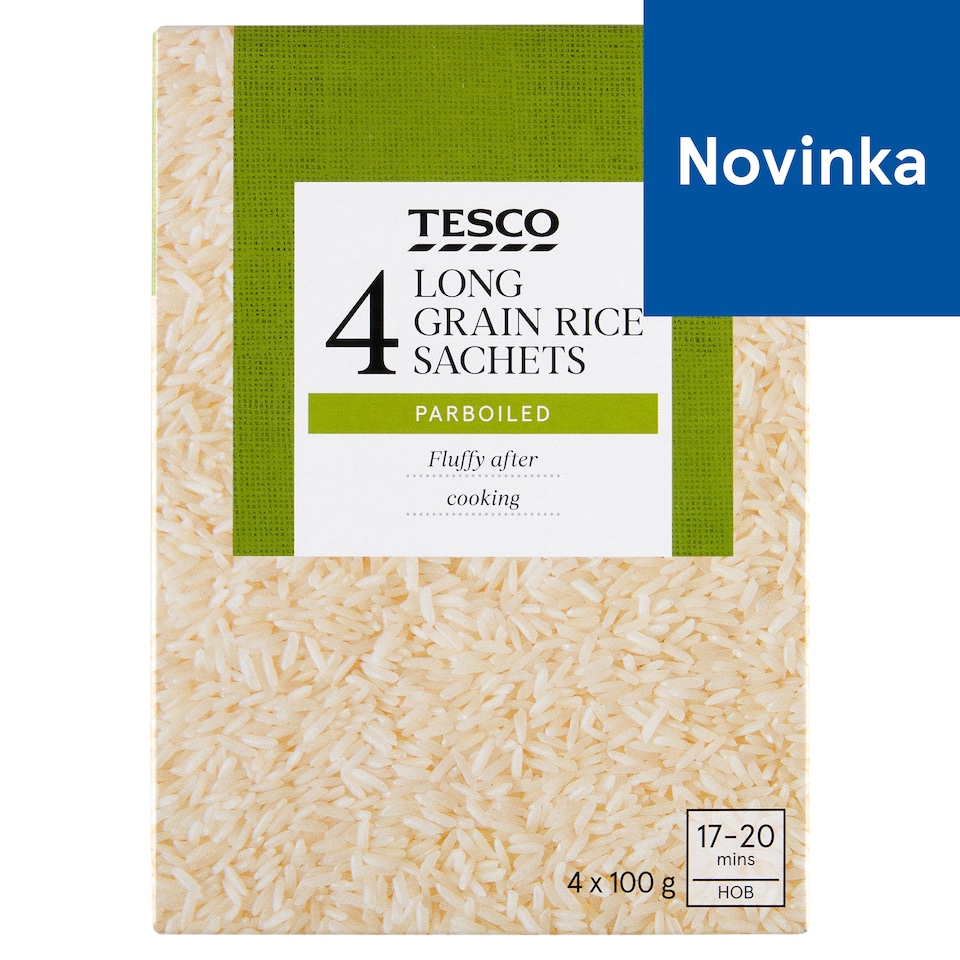 Tesco Predvarená dlhozrnná ryža, lúpaná, vo varných vreckách 4 x 100 g (400 g)