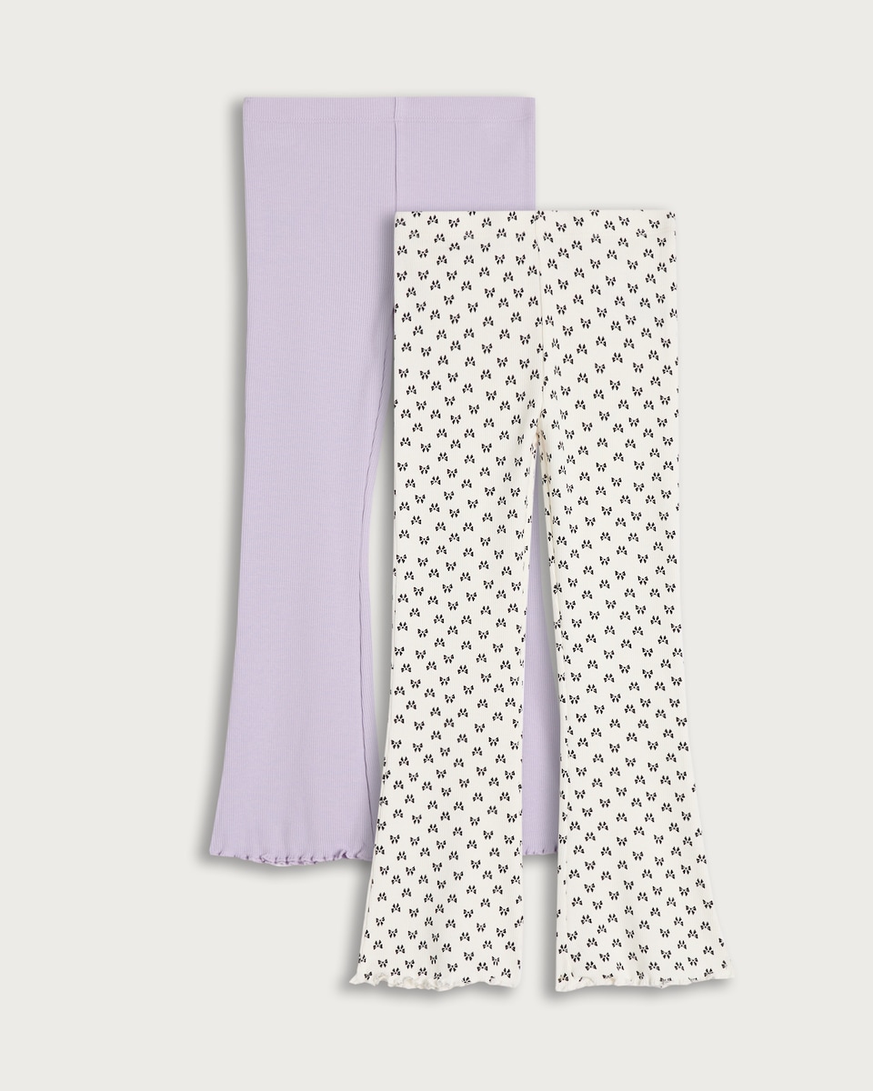F&F Girls 2-Pack Cotton Rich Ribbed Printed Flared Leggings in Multi
