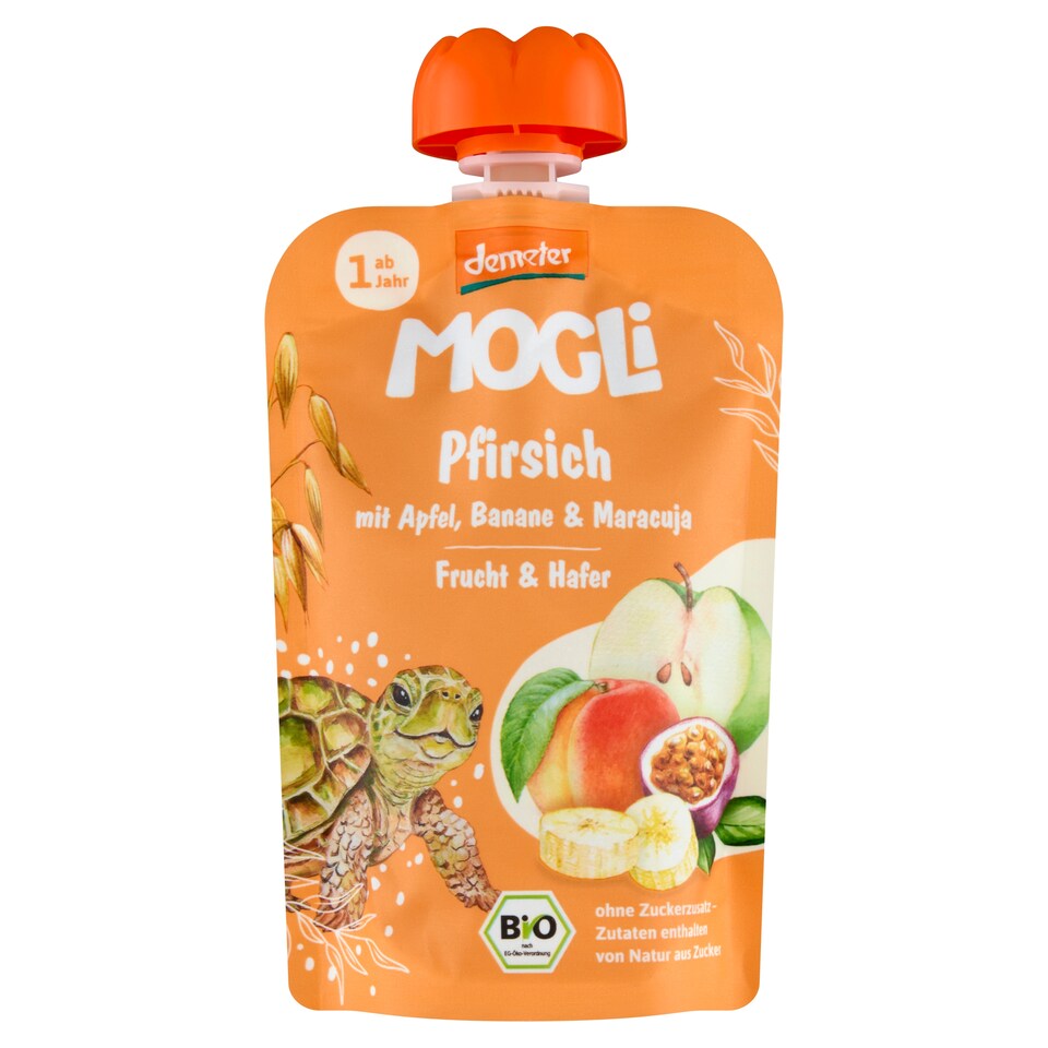 Mogli Bio broskvová kapsička s jablkem, banánem, marakujou a ovesnými vločkami 100g