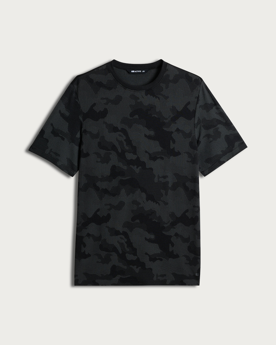 image 1 of F&F Active ULTRARUN Seamless Camo Print Short Sleeved T-Shirt in Grey