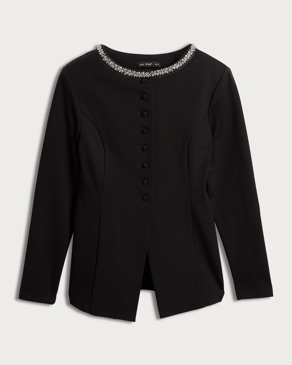 image 1 of The F&F Edit Ponte Embellished Collar Buttoned Top in Black